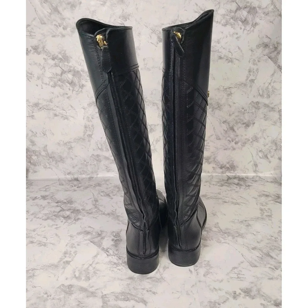 Tory Burch Black Quilted Leather Riding Boots Rear Zip Gold Logo 6.5M
